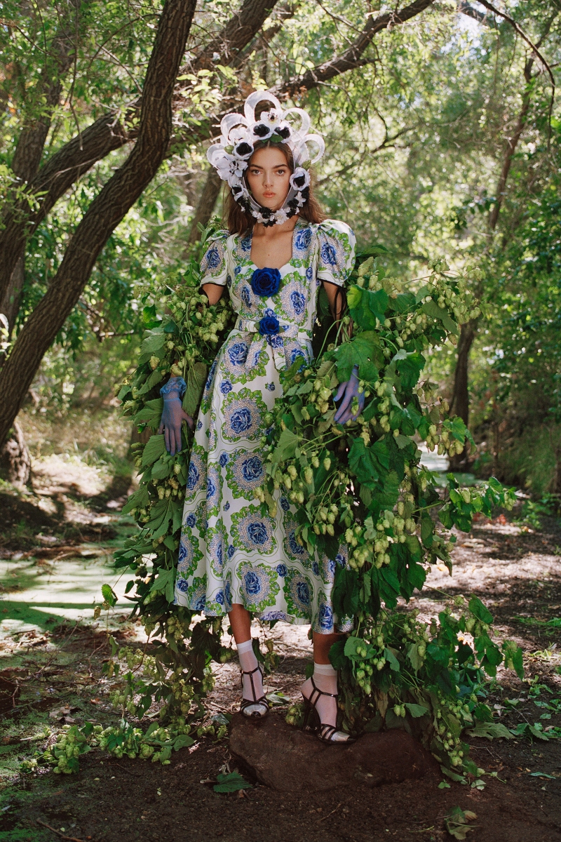 BLUE AND GREEN FLORAL PRINTED SILK TWILL DRESS WITH SILK ROSE (WITH BELT) - LOOK 23