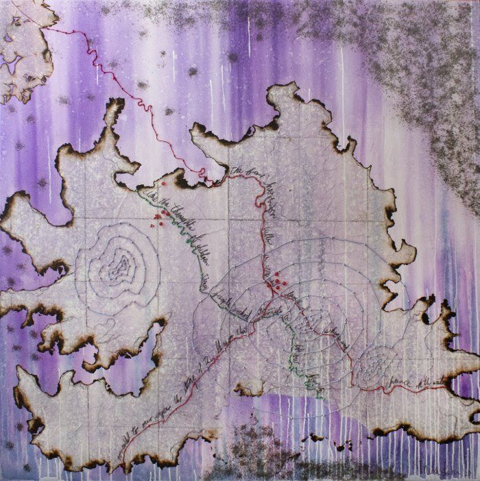 Ancient Secret Map, by Mira Lehr (burned Japanese paper, ignited gunpowder, ink, thread and pins on canvas), 2020.