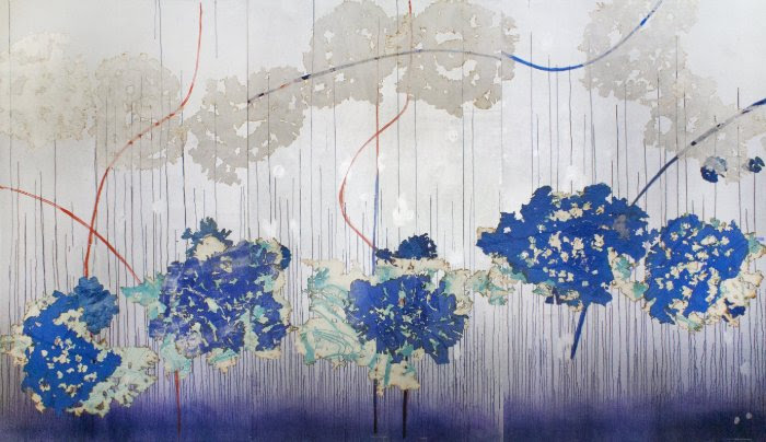Dance, by Mira Lehr, 8’ x 12’, (burned and dyed Japanese paper, acrylic and ink on wood panel ), 2020.