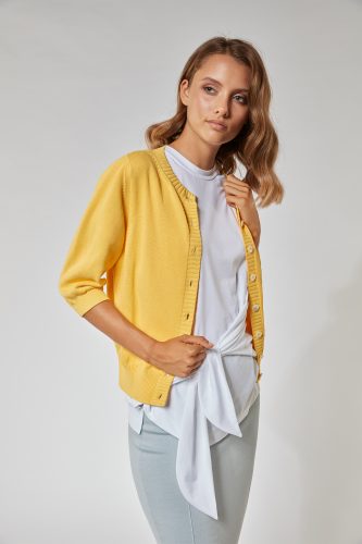 pure cotton cardigan from the Spring - Summer 2021 Collection, in the intense Pantone shade of Illuminating Yellow on a model