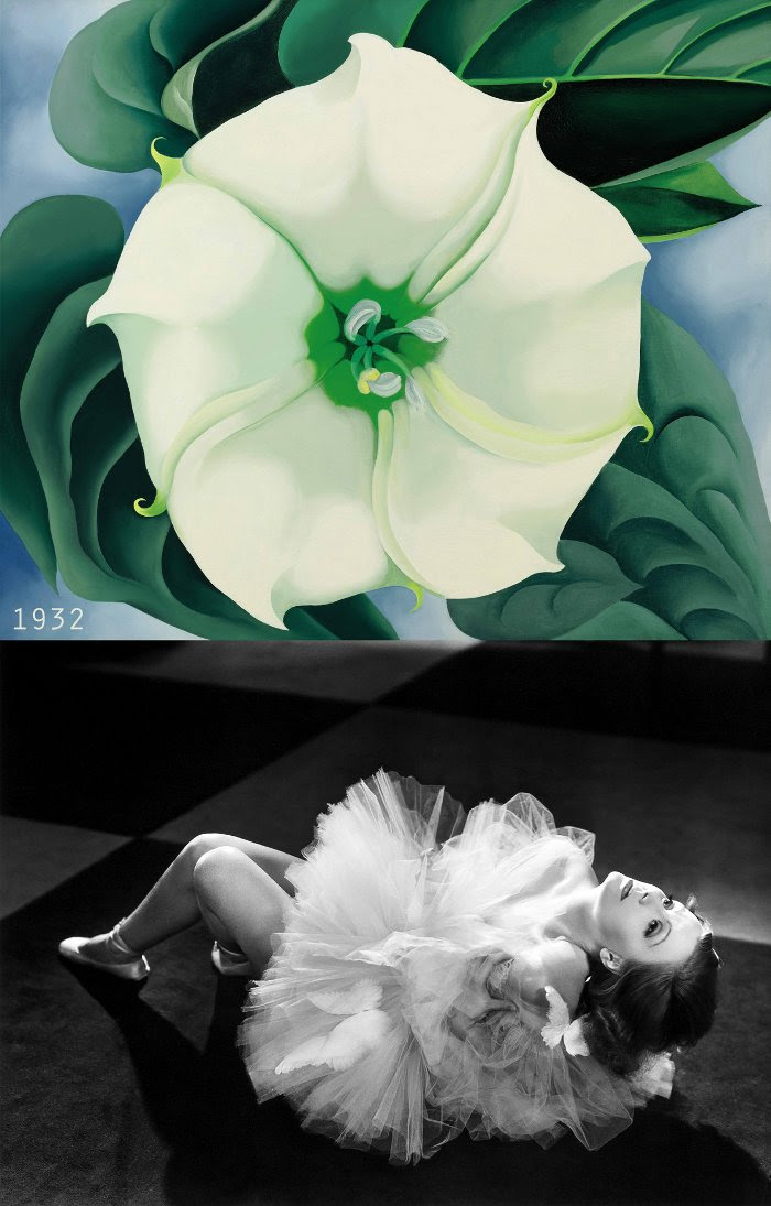 Lautenberg pairs the painting by Georgia O’Keeffe titled Jimson Weed/White Flower No. 1 with a scene from the film Grand Hotel featuring Greta Garbo (both from 1932).