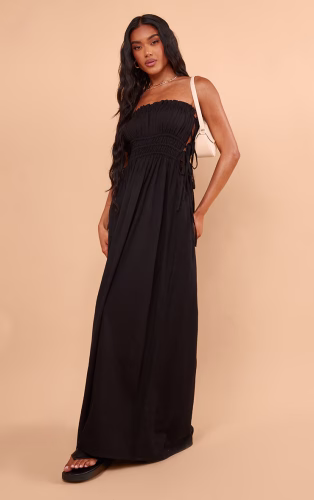 Black Linen Look Elasticated Tie Bow Maxi Dress