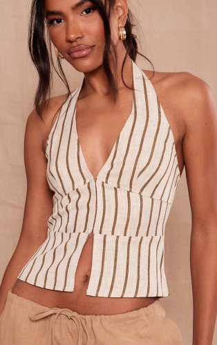 Beige Stripe Structured Linen Look Halter Top