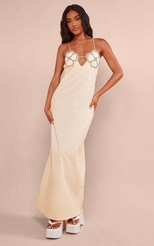 Taupe Linen Look Floral Applique Maxi Dress