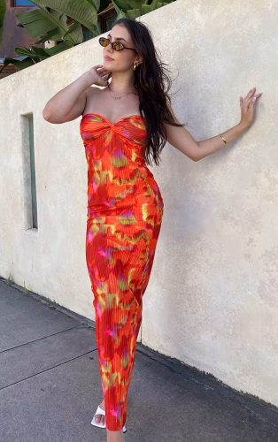 Orange Abstract Print Plisse Knot Bandeau Maxi Dress