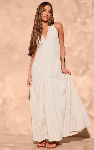 Cream Woven Tie Halterneck Tiered Maxi Dress