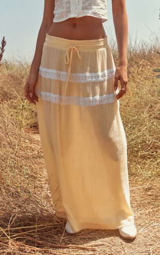 Lemon Lace Trim Cheesecloth Drawstring Waist Maxi Skirt