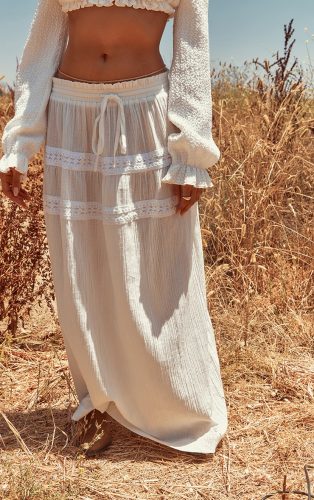White Lace Trim Cheesecloth Drawstring Waist Maxi Skirt