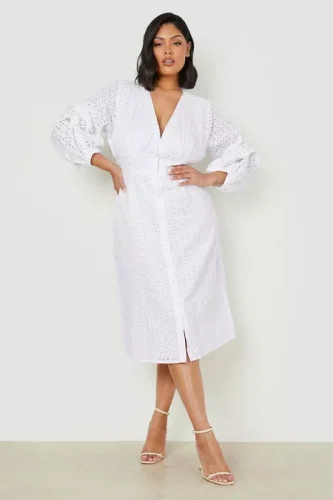 Plus Eyelet Puff Sleeve Midi Dress