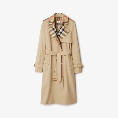 Long Check Collar Gabardine Trench Coat