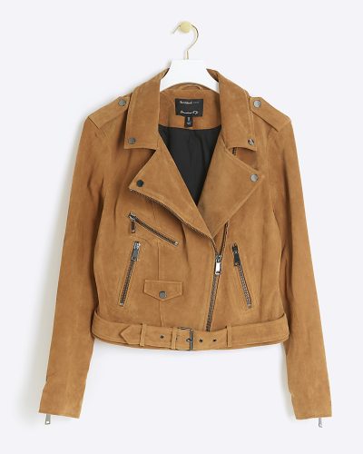 Brown suede belted biker jacket