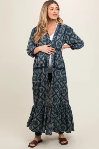 Teal Printed Tie Front Kimono Maternity Dress