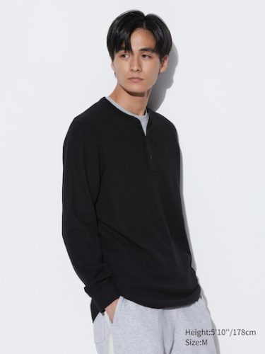 Maglietta Waffle con collo Henley e maniche lunghe