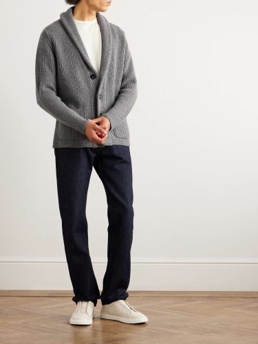 Cardigan con collo a scialle a coste in misto lana e cashmere