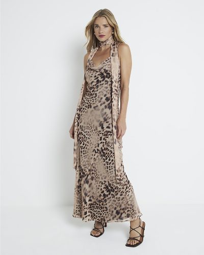 Brown leopard print scarf bodycon maxi dress