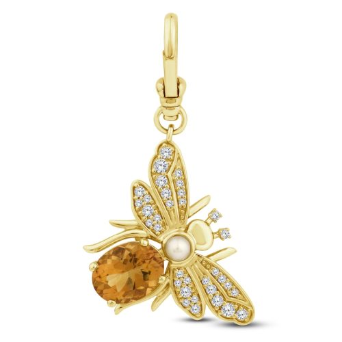 Charm'd by Lulu Frost Natural Citrine, Cultured Pearl & Diamond Bee Charm 1/4 ct tw 10K Yellow Gold