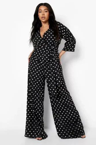 Plus Polka Dot Wrap Tie Belt Jumpsuit