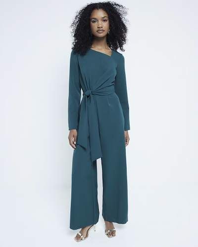 Green Tailored Wrap Front Jumpsuit