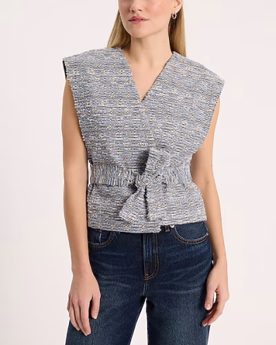 Denim Boucle Wrap Cropped Vest