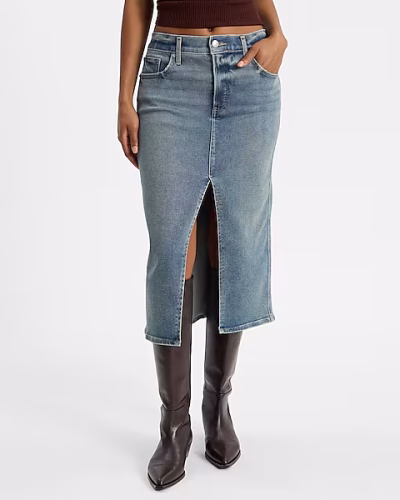 High Waisted Medium Wash Midi Hyper Sculpt Denim Skirt