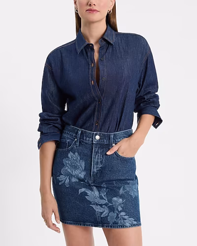 High Waisted Floral Denim Mini Skirt