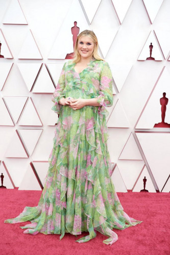 Oscar nominee Emerald Fennell arrives on the red carpet of The 93rd Oscars at Union Station in Los Angeles, CA on Sunday, April 25, 2021.