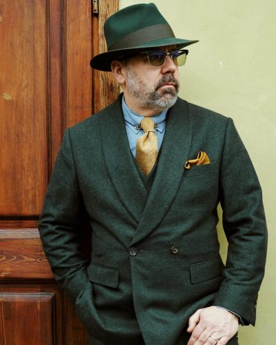 forest-green-double-breasted-suit-with-light-blue-shirt