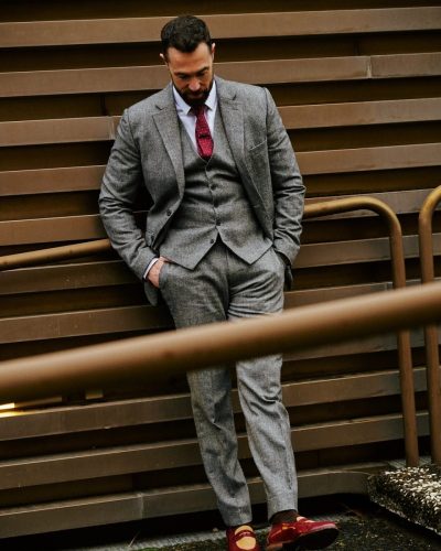 grey-tweed-three-piece-suit-with-loafers