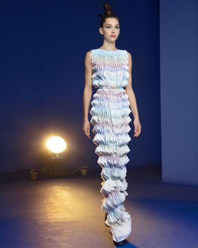 Pastel Multicolored Gown Featuring A Geometric Origami Laser Cut Rainbow Sequins Design -Handmade From Recycled Plastic 
