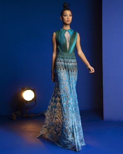 Turquoise And Green Ombré Draped Gown Featuring A Skirt Embroidered With Mandala Designs Of Swarovski Crystals, Beads And Sequins 