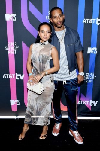 Karrueche Tran and Victor Cruz attend AT&T TV Super Saturday Night at Meridian at Island Gardens on February 01, 2020 in Miami, Florida.